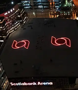 The Scotiabank Arena roof logo, rebranded by Atlas-Apex Roofing